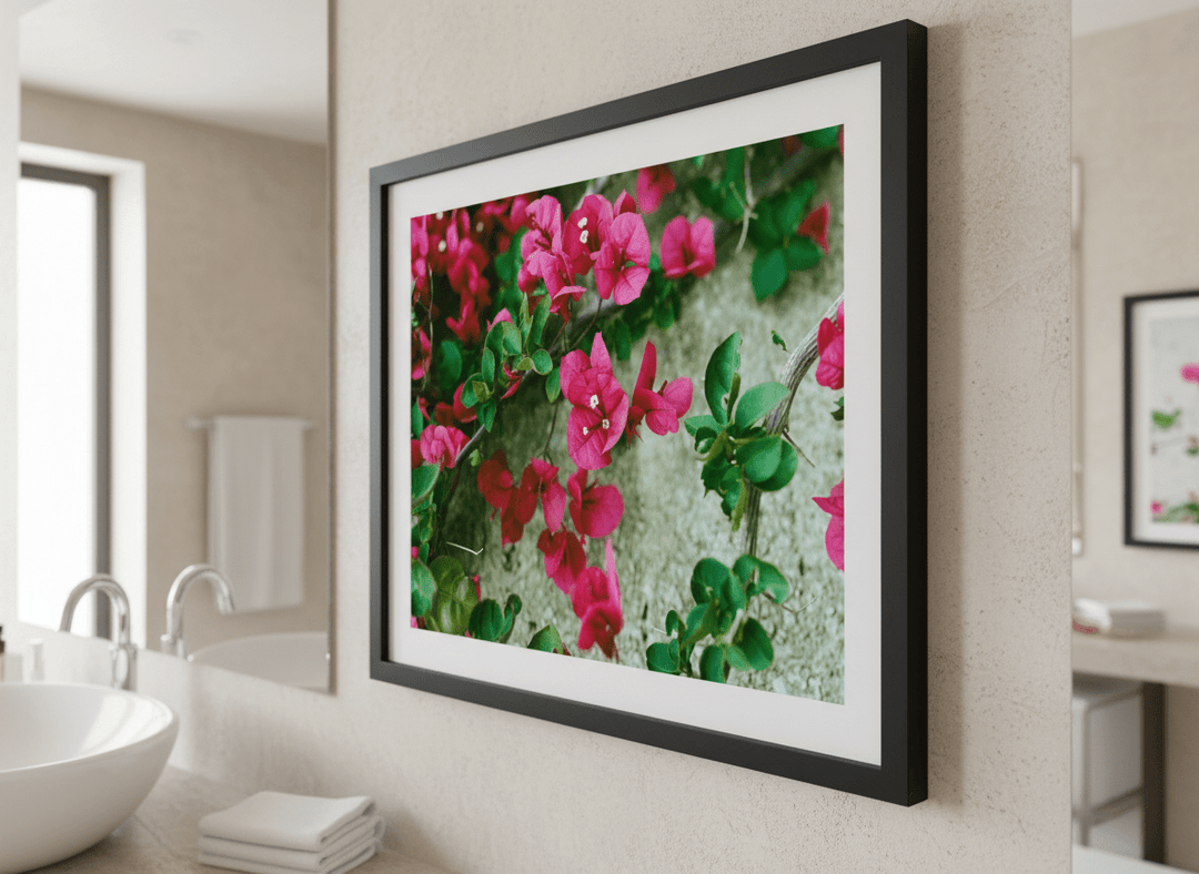 Modern print displayed in a clean minimalist bathroom setting