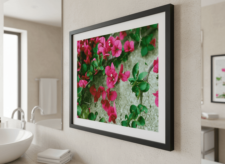 Modern print displayed in a clean minimalist bathroom setting