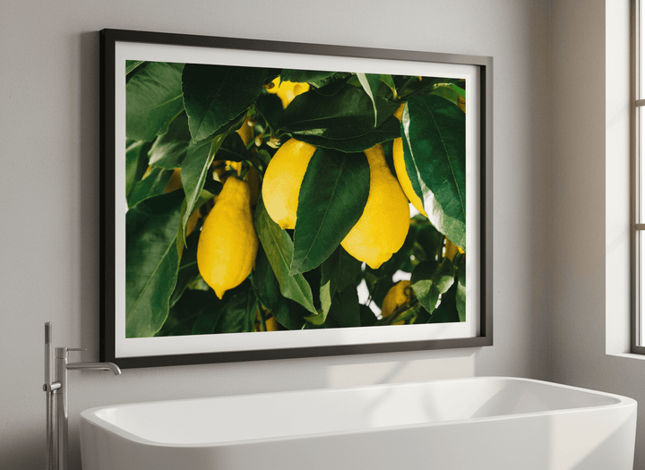 Modern print displayed in a clean minimalist bathroom setting