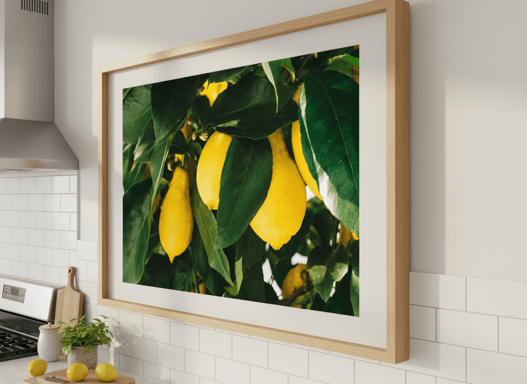 Artwork styled on the wall of a bright modern kitchen