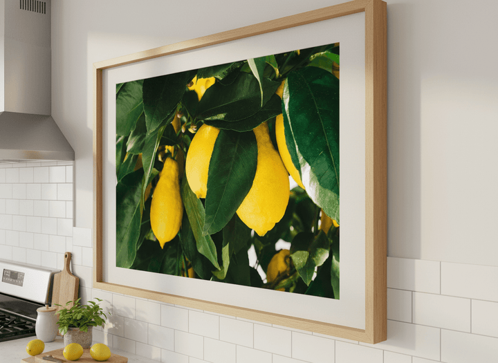 Artwork styled on the wall of a bright modern kitchen