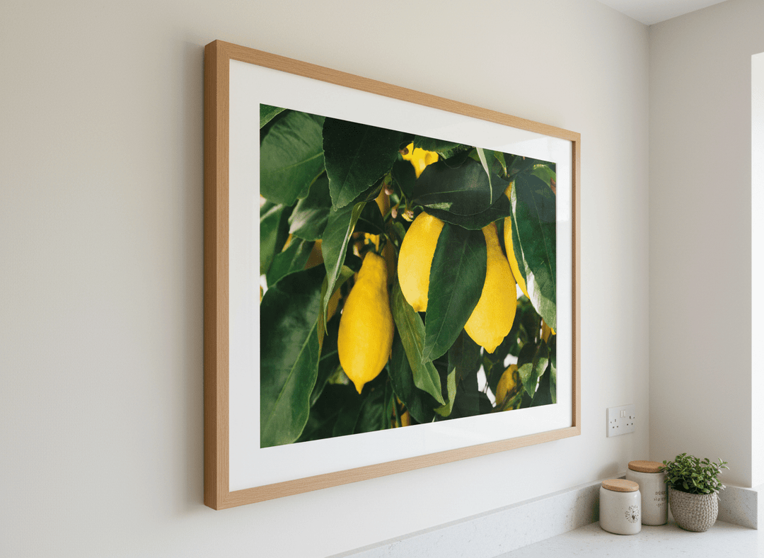 Artwork styled on the wall of a bright modern kitchen