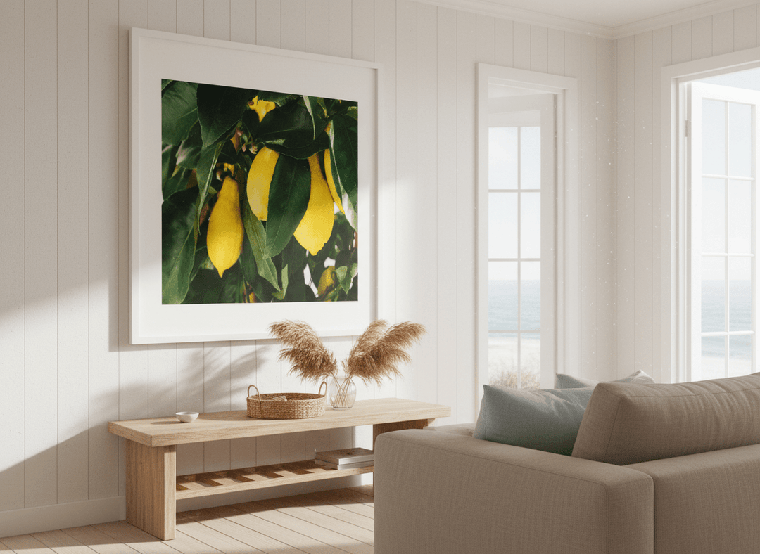 Neutral wall art displayed in a sunny coastal beach house