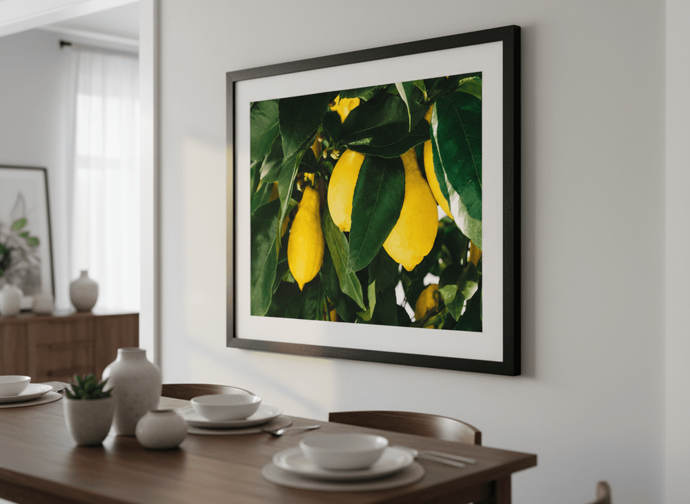 Wall art styled above a dining table in a contemporary home