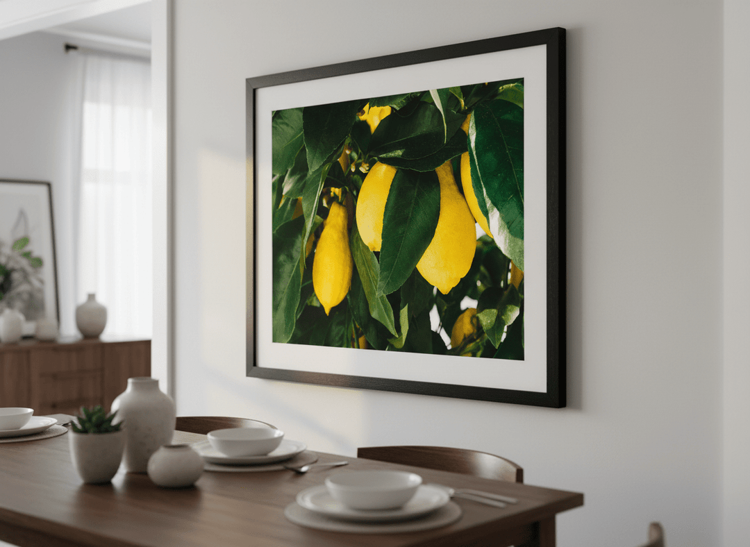 Wall art styled above a dining table in a contemporary home