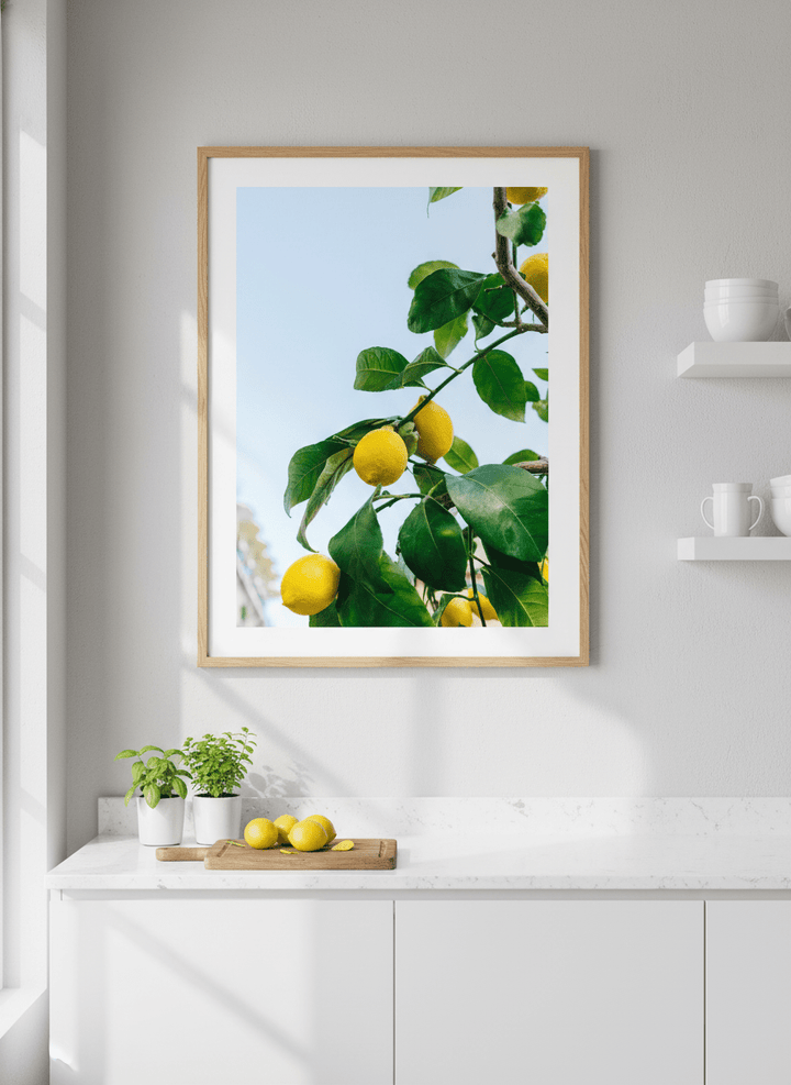 Artwork styled on the wall of a bright modern kitchen
