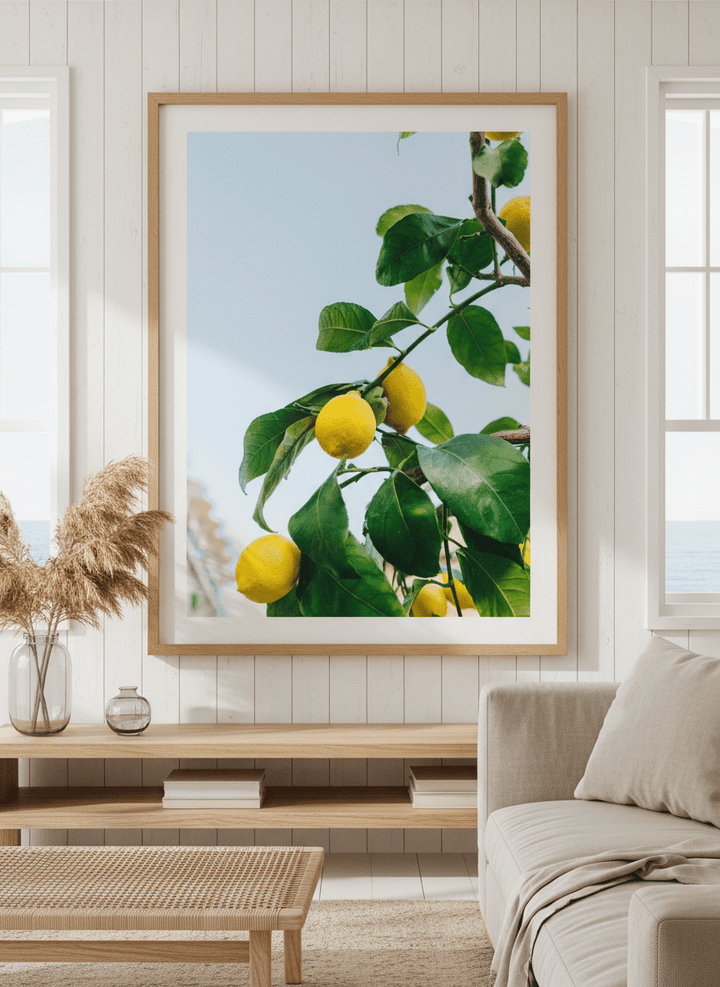 Neutral wall art displayed in a sunny coastal beach house