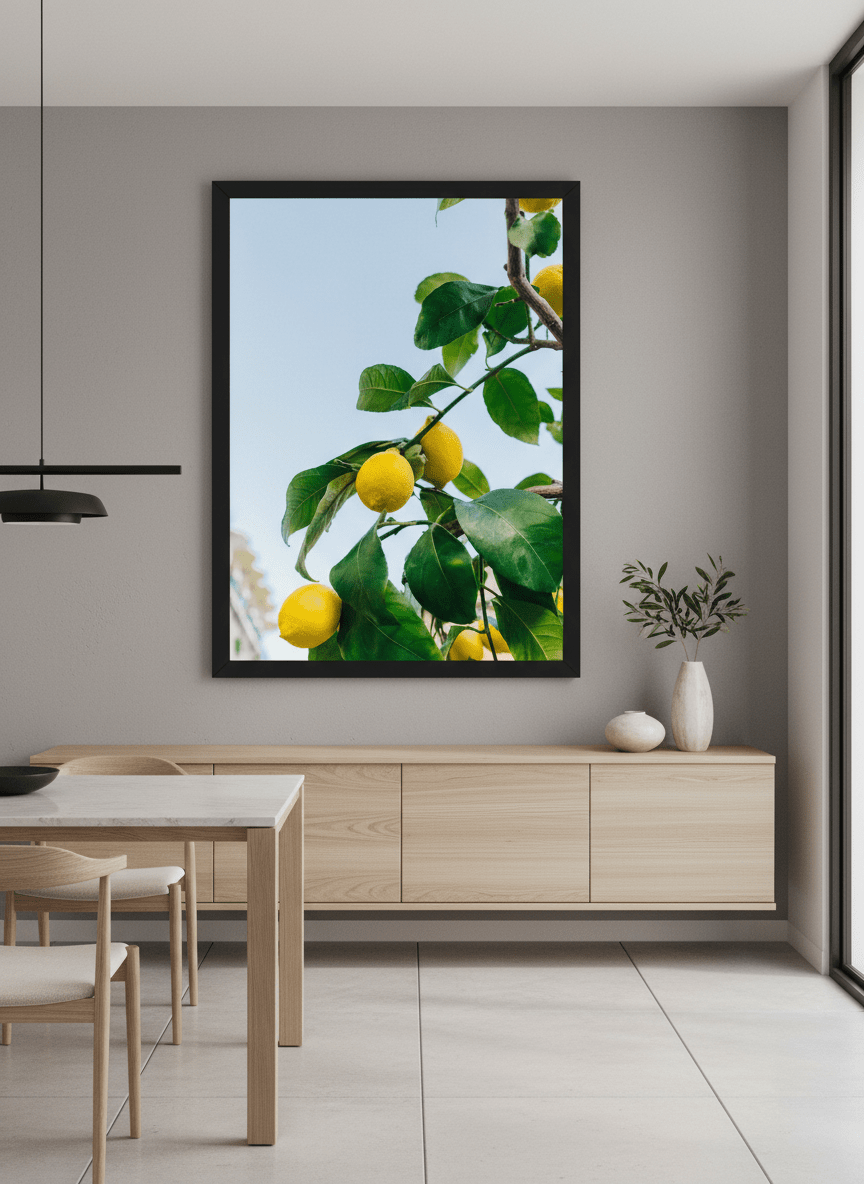 Wall art styled above a dining table in a contemporary home