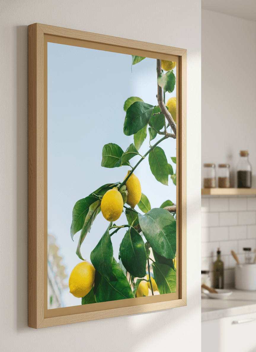 Artwork styled on the wall of a bright modern kitchen