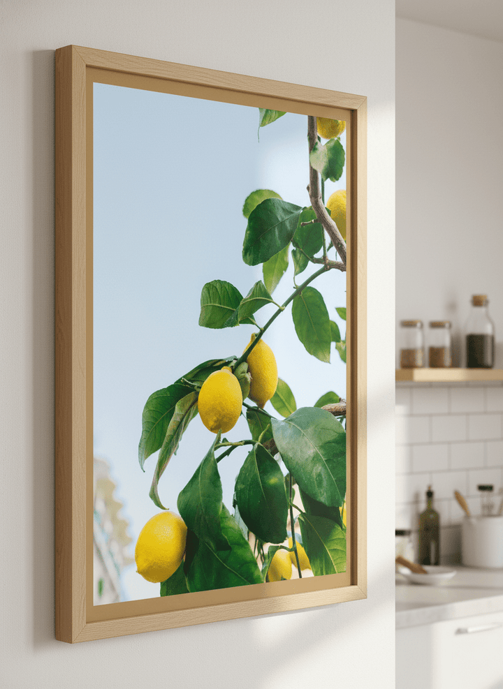 Artwork styled on the wall of a bright modern kitchen