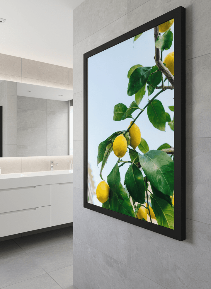 Modern print displayed in a clean minimalist bathroom setting