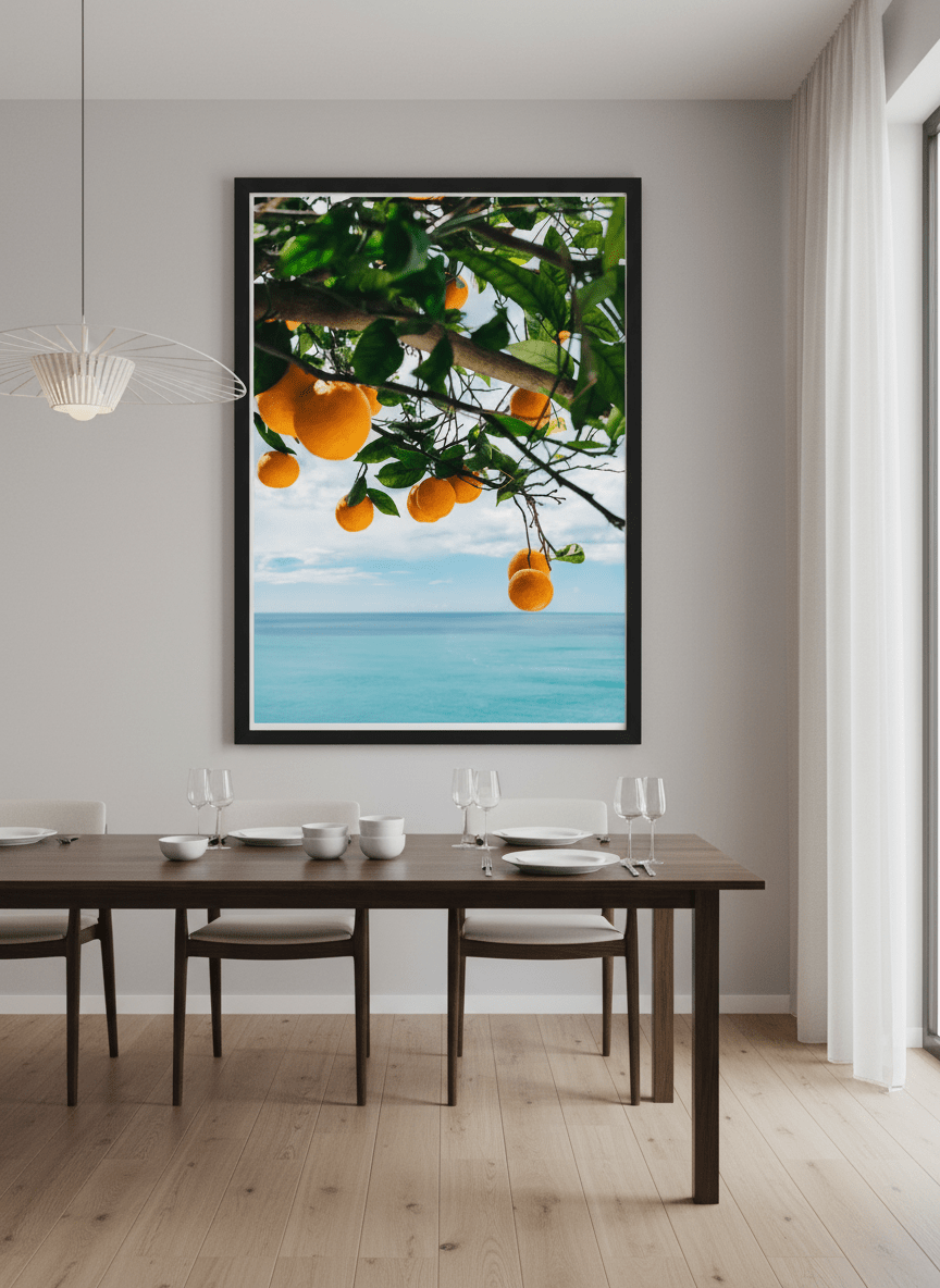 Wall art styled above a dining table in a contemporary home