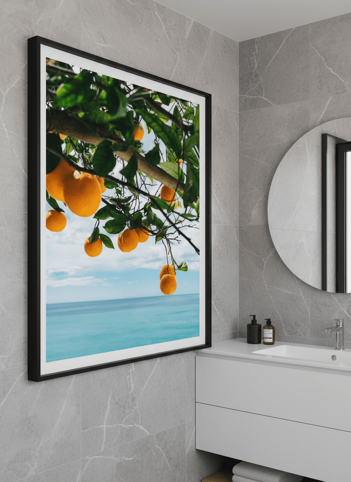 Modern print displayed in a clean minimalist bathroom setting