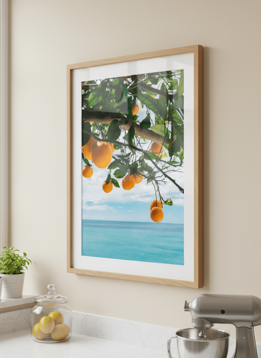 Artwork styled on the wall of a bright modern kitchen