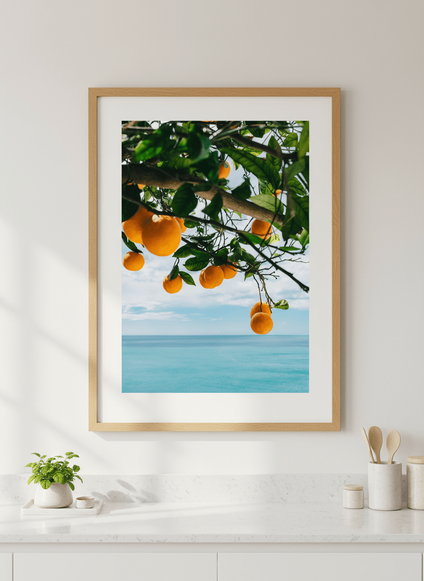 Artwork styled on the wall of a bright modern kitchen
