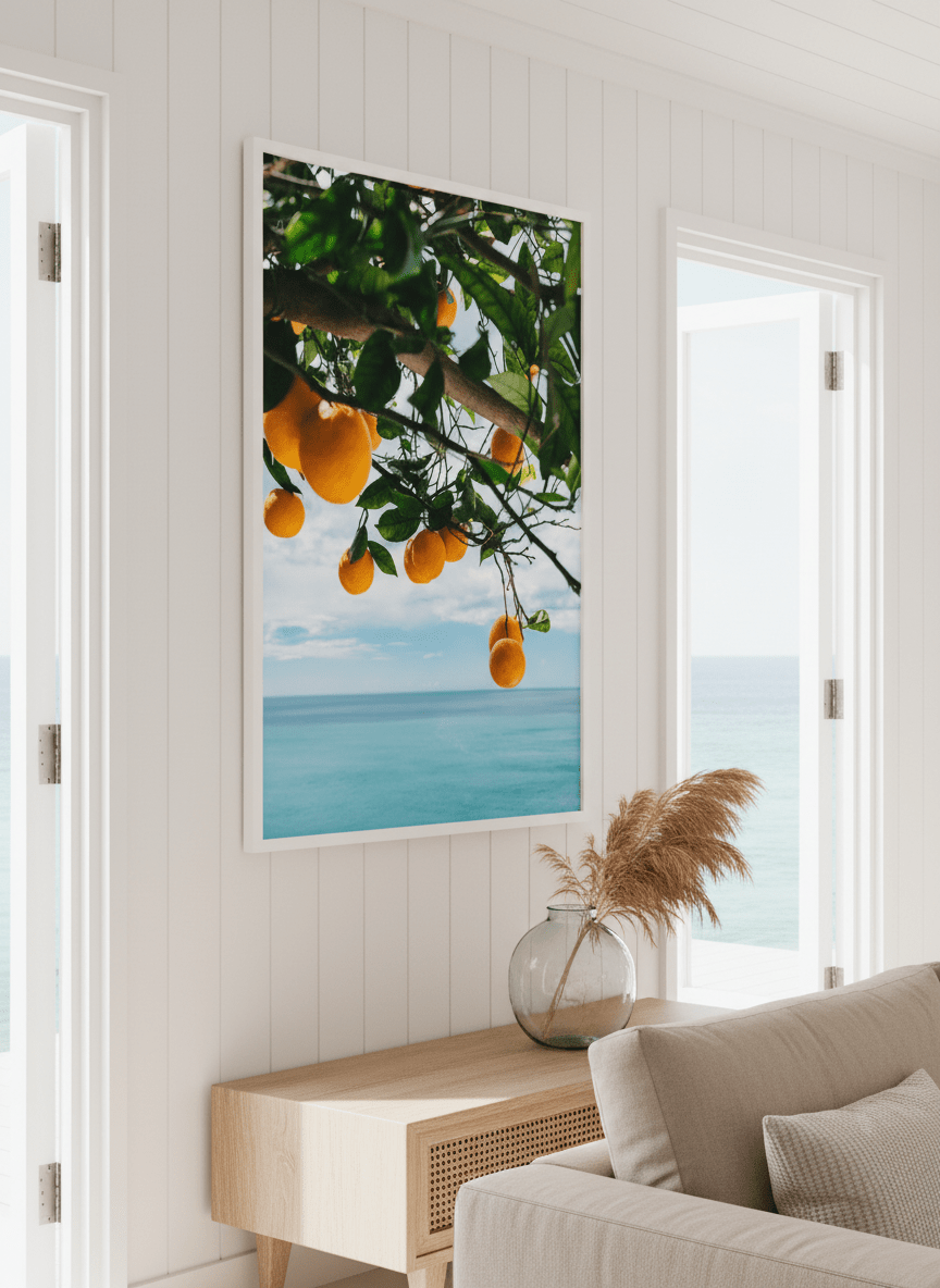 Neutral wall art displayed in a sunny coastal beach house