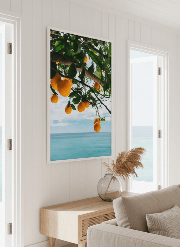 Neutral wall art displayed in a sunny coastal beach house
