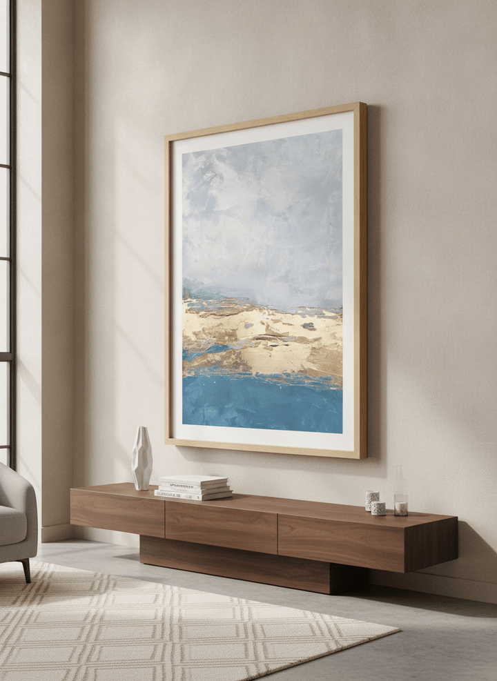 Monumental artwork centred on a feature wall in a luxe interior