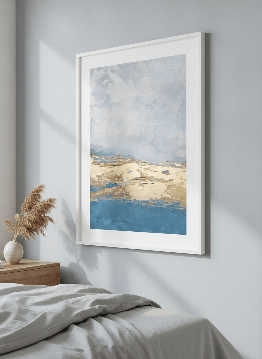 Minimalist artwork displayed in a calm, light-filled bedroom interior