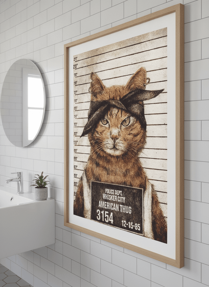 Modern print displayed in a clean minimalist bathroom setting