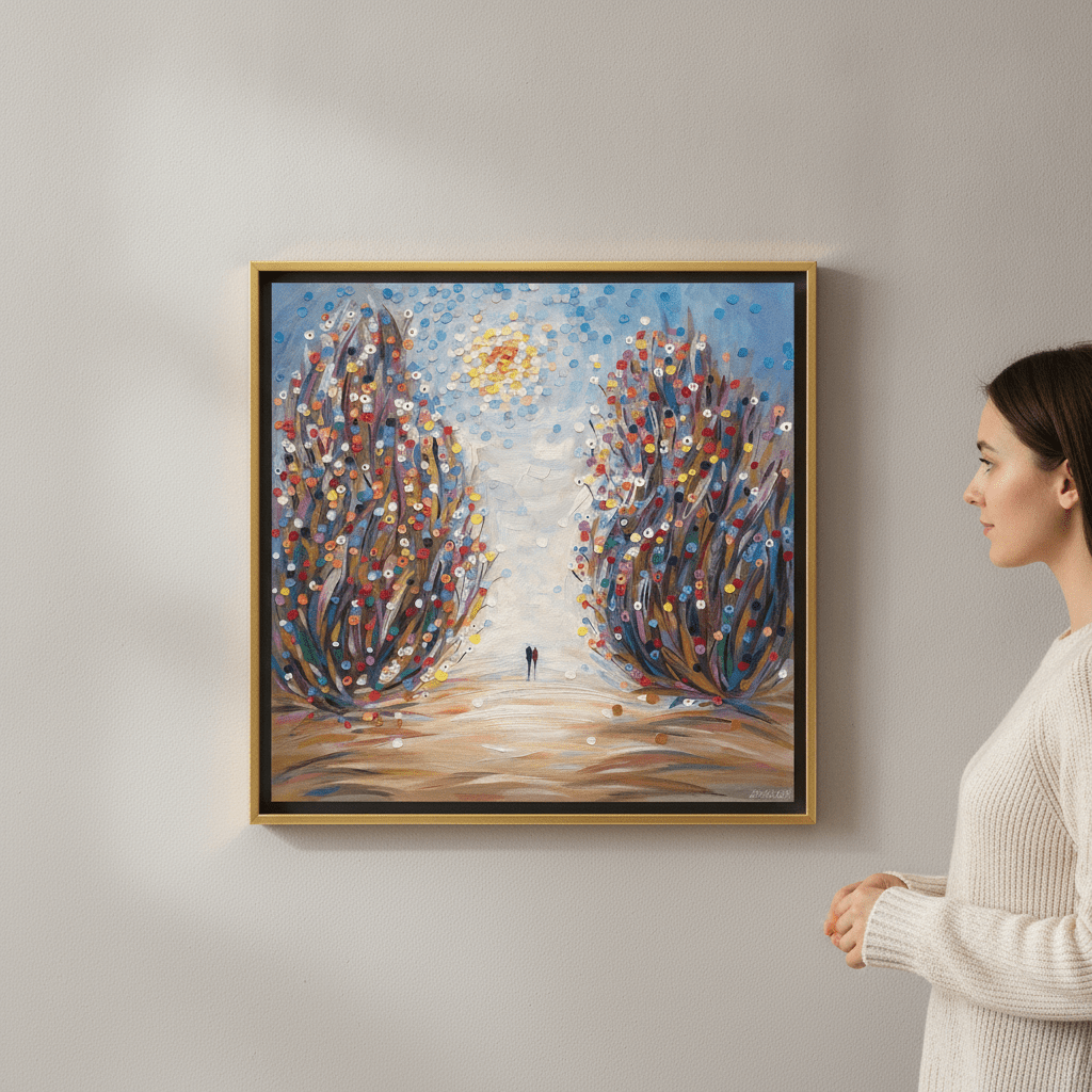 Person holding canvas wall art with a gold leaf surround