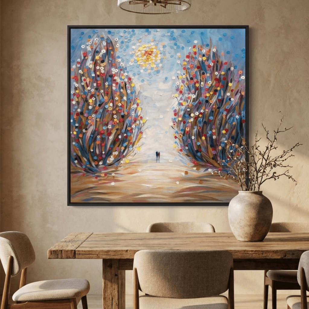 Oversized statement canvas wall art with a black surround styled in a contemporary dining room