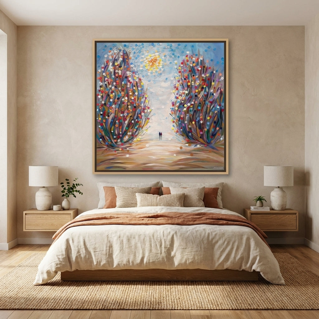 Canvas wall art with a natural timber surround styled in a calm, light-filled bedroom