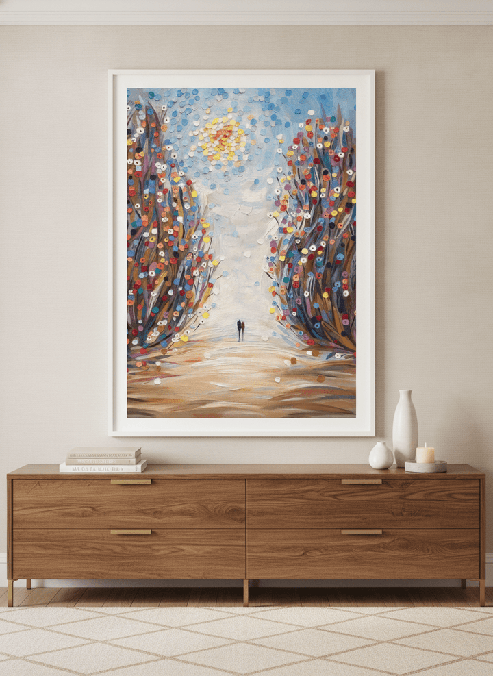 Monumental artwork centred on a feature wall in a luxe interior
