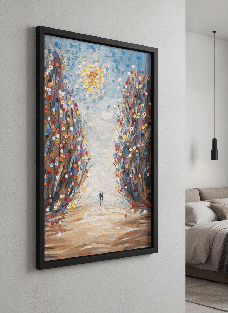 Minimalist artwork displayed in a calm, light-filled bedroom interior