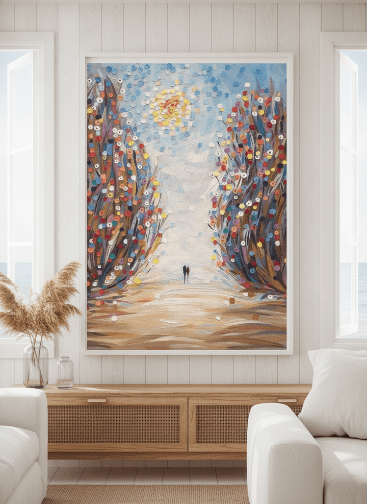Neutral wall art displayed in a sunny coastal beach house