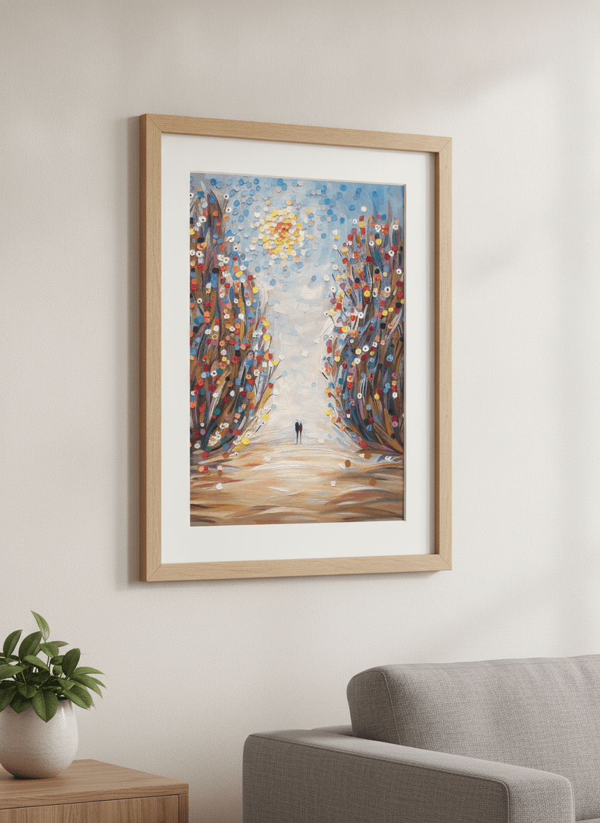 Modern wall art styled above a sofa in a neutral living room