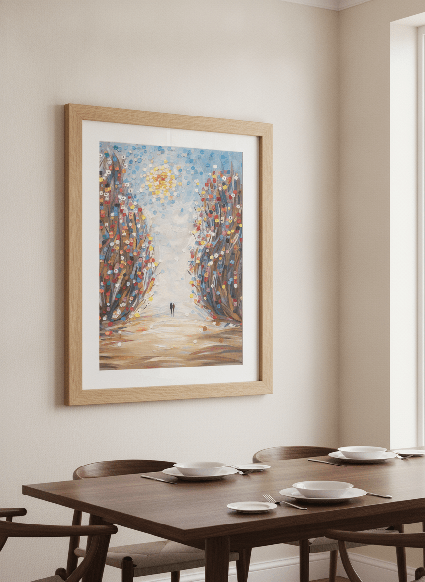 Wall art styled above a dining table in a contemporary home
