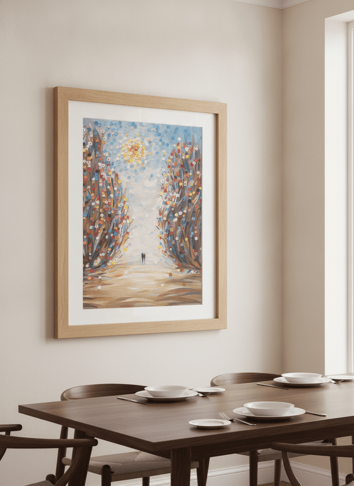 Wall art styled above a dining table in a contemporary home