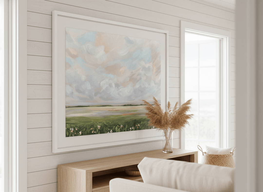 Neutral wall art displayed in a sunny coastal beach house