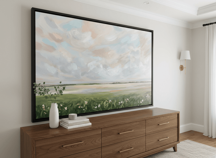 Monumental artwork centred on a feature wall in a luxe interior