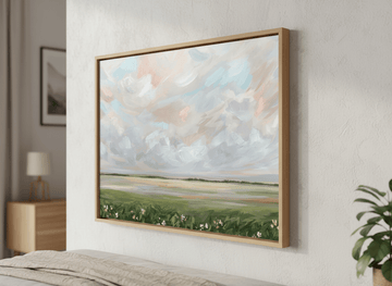 Minimalist artwork displayed in a calm, light-filled bedroom interior
