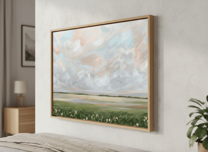 Minimalist artwork displayed in a calm, light-filled bedroom interior