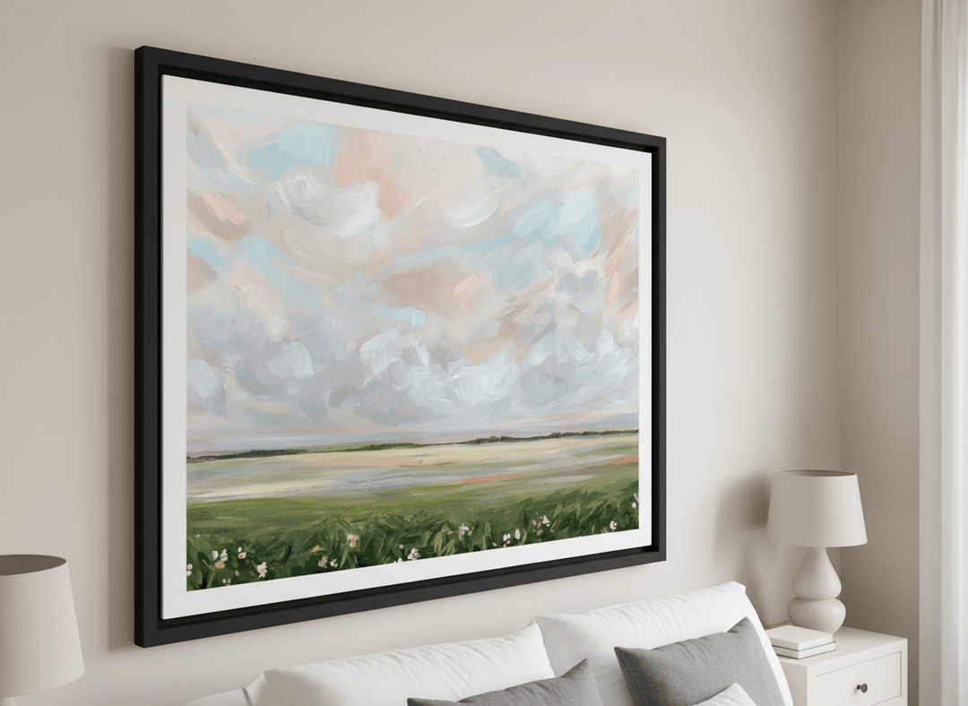 Minimalist artwork displayed in a calm, light-filled bedroom interior