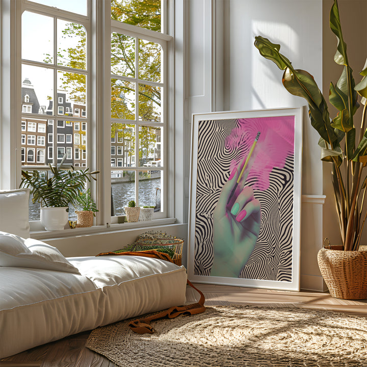 Pink Cigarette Zebra Wall Print,living room,white border