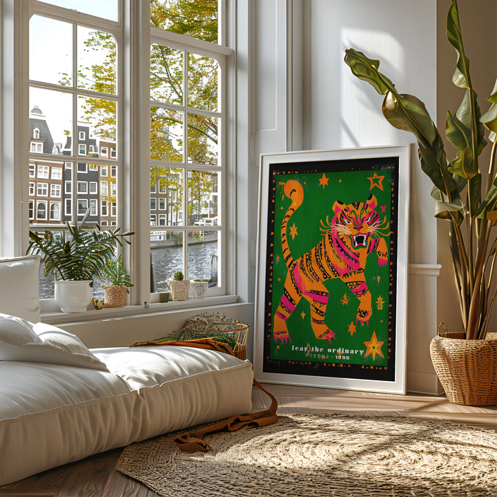 Fear the ordinary tiger print,living room,white boder