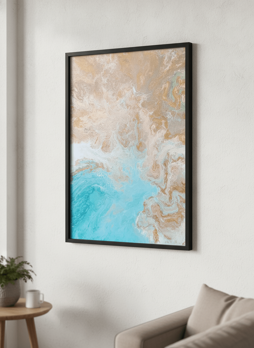 Modern wall art styled above a sofa in a neutral living room