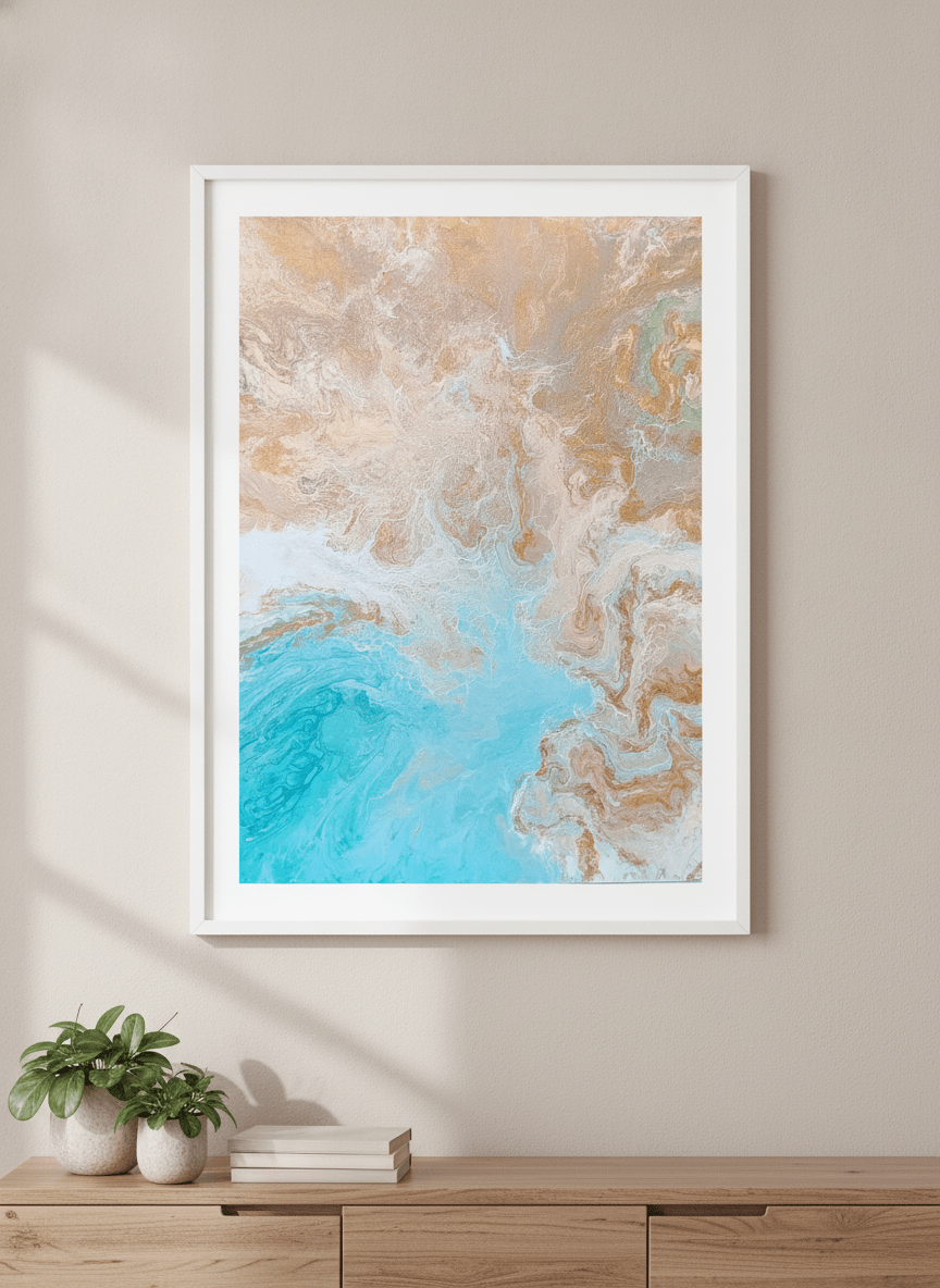Minimalist artwork displayed in a calm, light-filled bedroom interior
