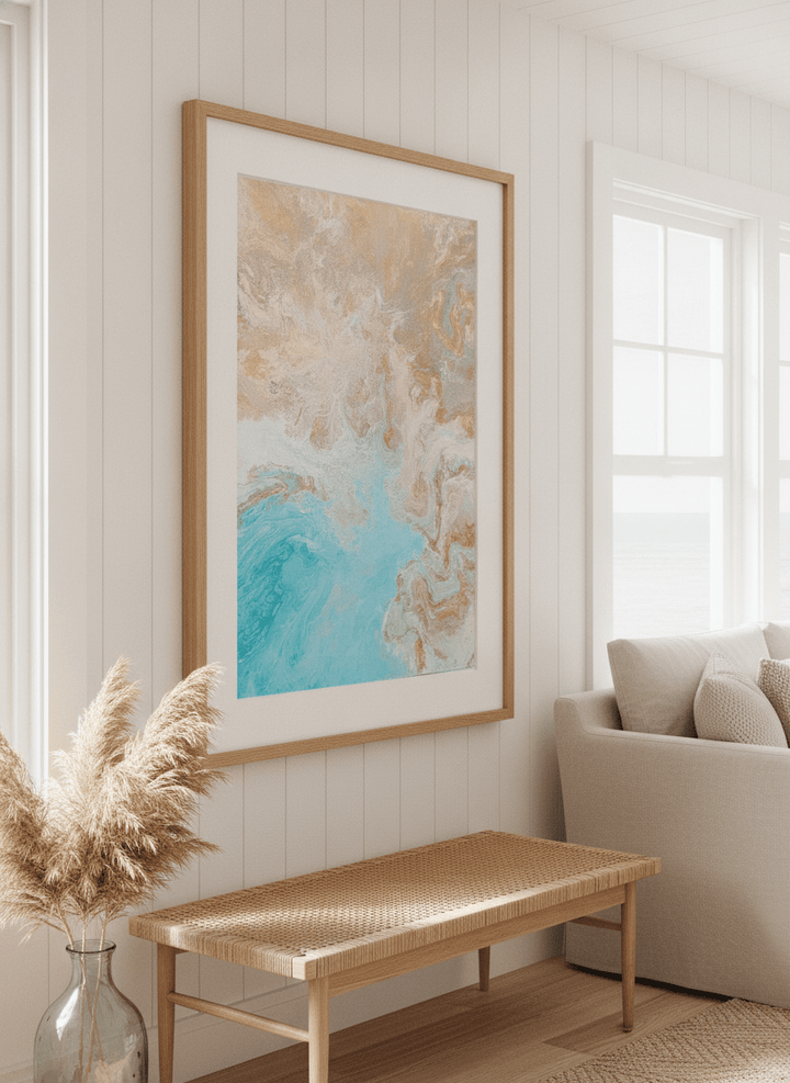 Neutral wall art displayed in a sunny coastal beach house