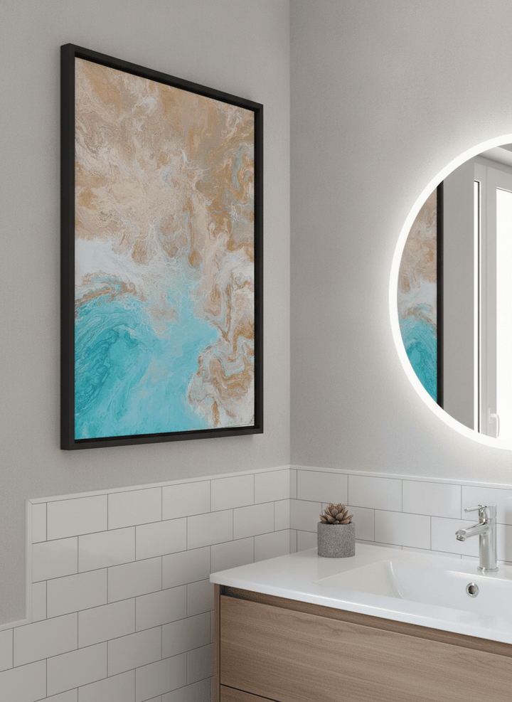 Modern print displayed in a clean minimalist bathroom setting