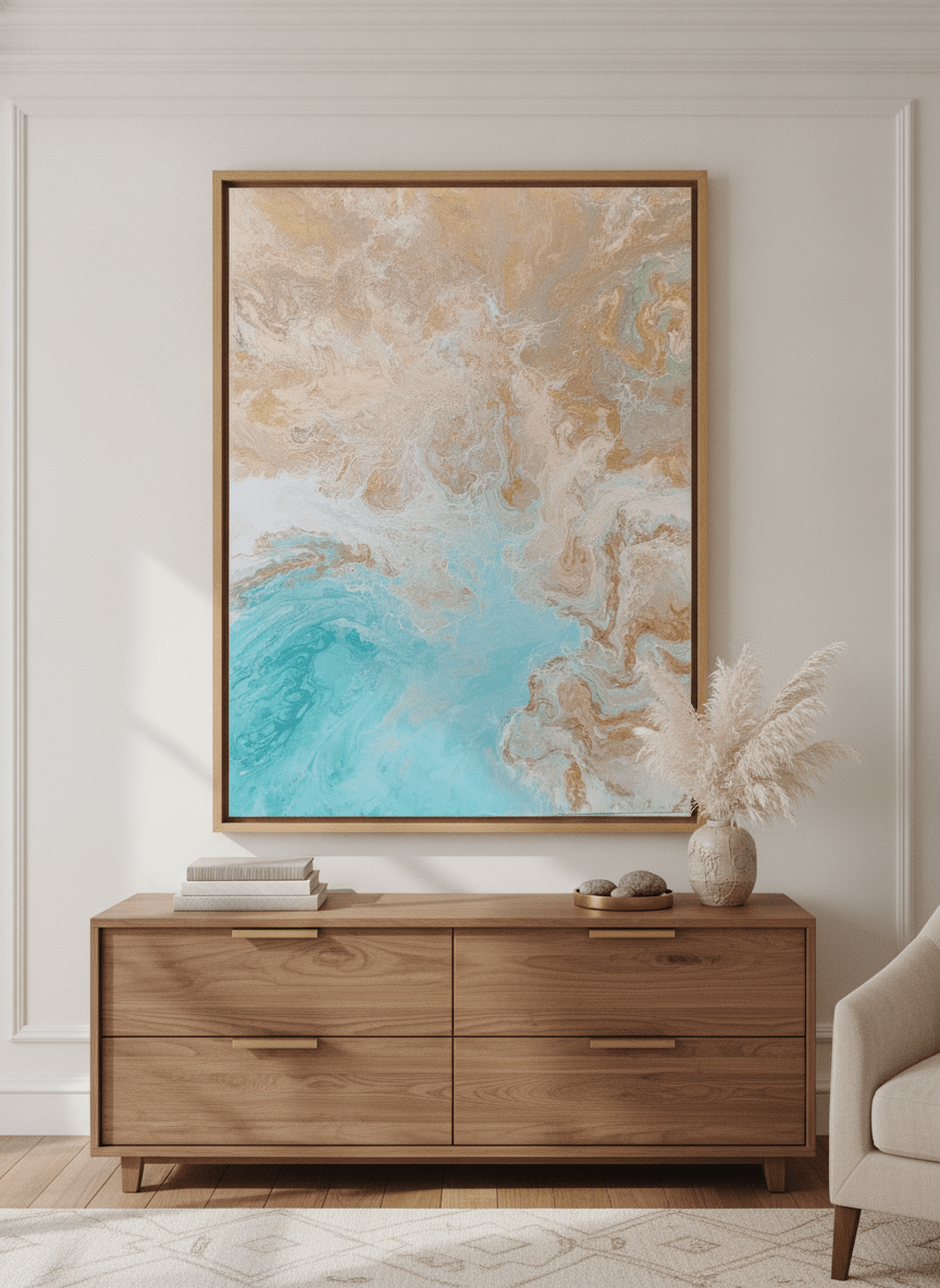 Monumental artwork centred on a feature wall in a luxe interior