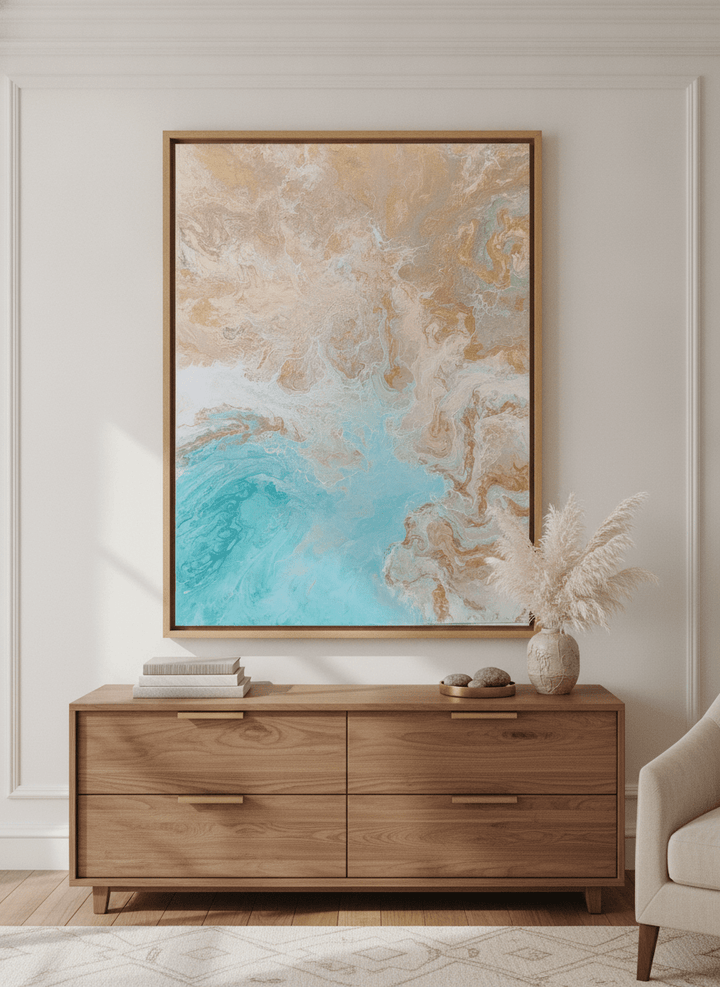 Monumental artwork centred on a feature wall in a luxe interior
