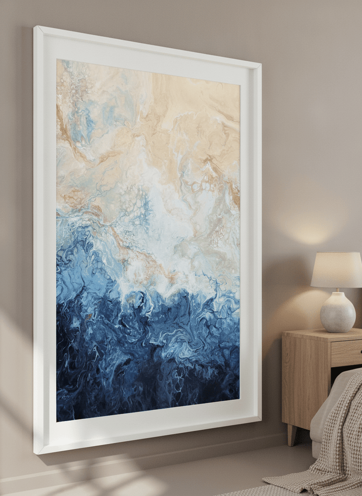 Minimalist artwork displayed in a calm, light-filled bedroom interior