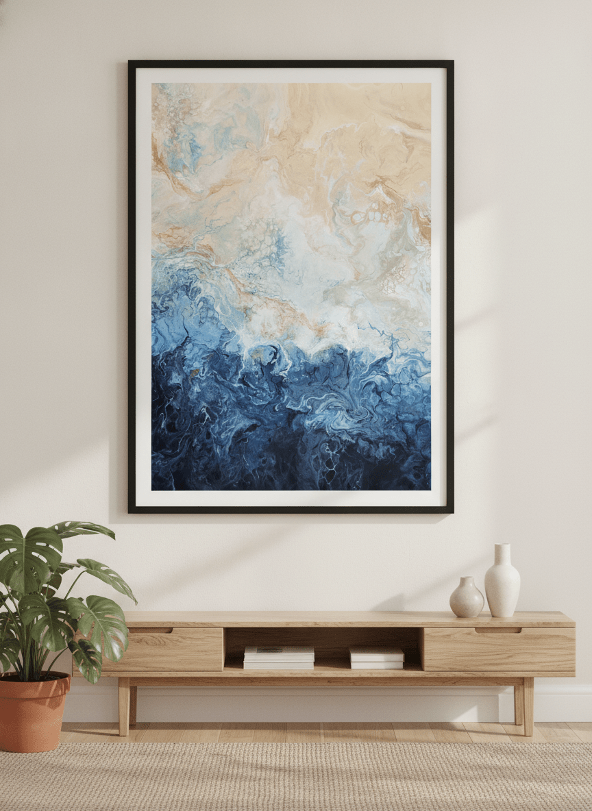Modern wall art styled above a sofa in a neutral living room