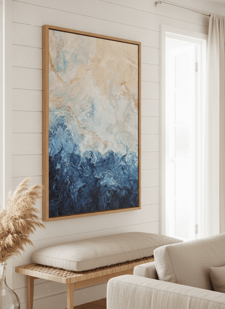 Neutral wall art displayed in a sunny coastal beach house