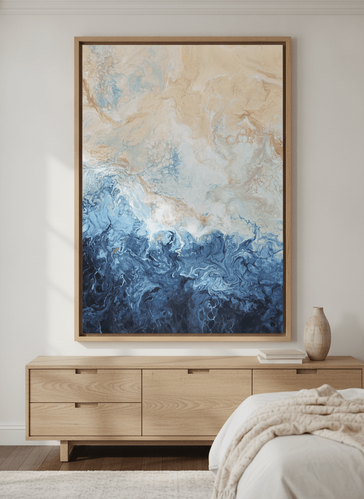 Monumental artwork centred on a feature wall in a luxe interior